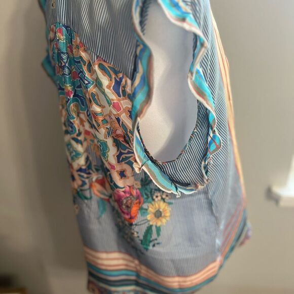 Johnny Was Ophelia Silk Striped Printed Flowy Oversized Blue Blouse Size S - Picture 13 of 14